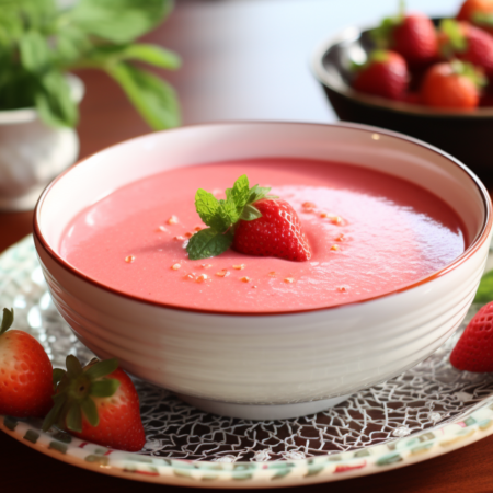 Strawberry soup served with a strawberry garnish